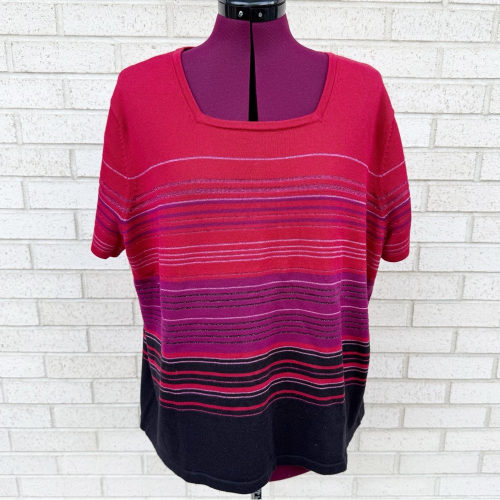 Emma James Woman Vintage Red Purple Black Striped Short Sleeve Sweater Top Sz 2X